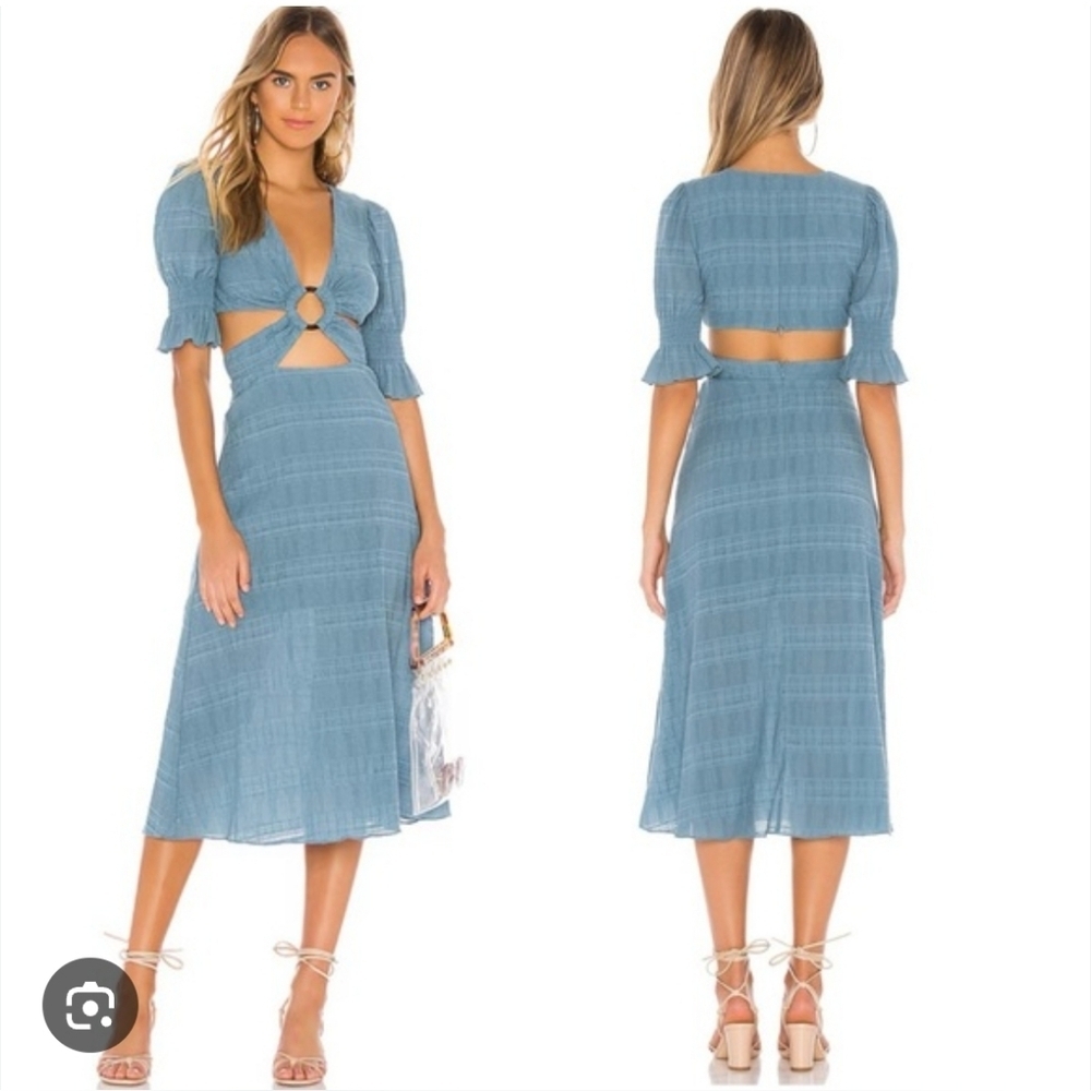 Tularosa Nanette Cut Out Midi Dress in Dusty Blue. Size XS.